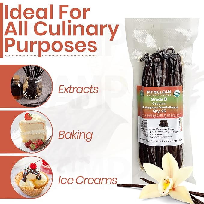 50 Madagascar Organic Vanilla Beans Grade B. Certified USDA Organic. 5"-7" by FITNCLEAN VANILLA for extract, Cooking and Baking. Whole NON-GMO Bourbon Pods