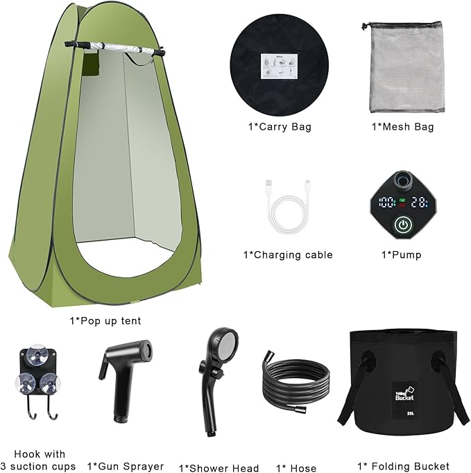 Pop Up Shower Tent for Camping, Portable Outdoor Privacy Shower Tent with 6000mAh Rechargeable Shower