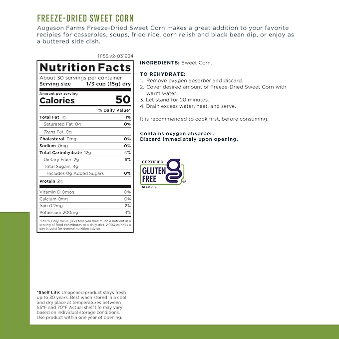 Augason Farms Freeze Dried Sweet Corn Can, Emergency Food Supply, Everyday Meals, 30 Servings