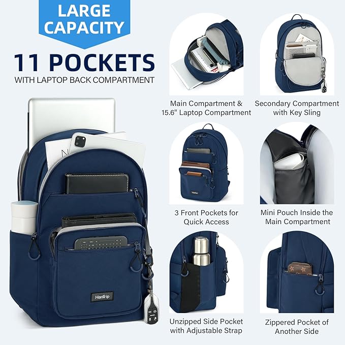 Carry On Travel Backpack For Women, 18 Inch Water Resistant Large Backpack Lightweight Bookbag For Men, 8x14x18 Personal Item Bag Casual Daypack Backpacks For Work Office Commuter (Navy Blue)