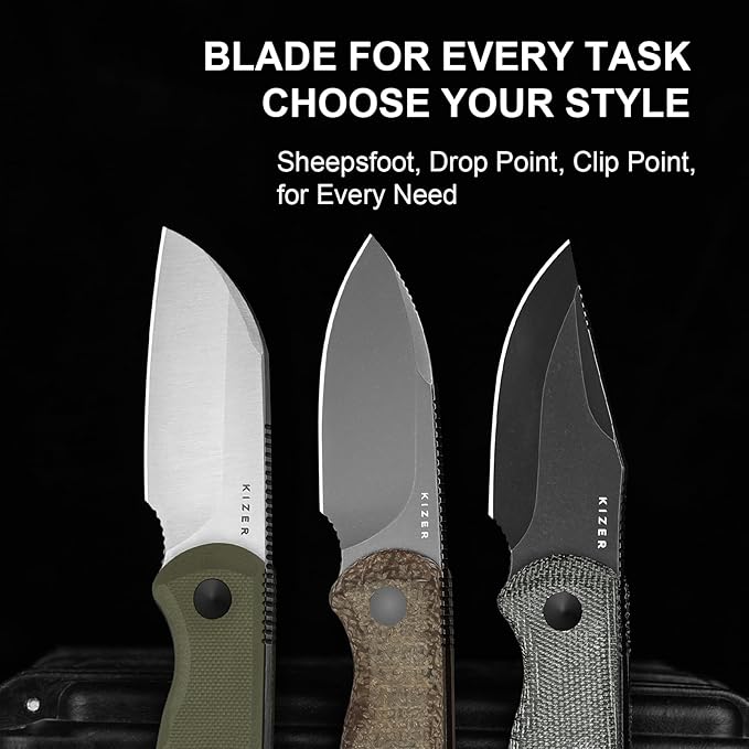 Kizer Drop Bear Fixed Blade Knife, 2.57" Gray Stonewash 14C28N Blade EDC Camping Knife with Brown Burlap Micarta Handle & Hidden Tools, Full Tang Hunting Knives with Adjustable Kydex Sheath, 1094A1