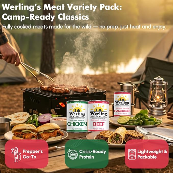 Werling & Sons Canned Meat Variety Pack 14.5 oz – Fully Cooked & Ready to Eat | 2 Hamburger, 2 Chicken, 2 Beef | Shelf-Stable Emergency Canned Food for Pantry Staples, Long-Term Storage, Camping & Quick Meals | Pack of 6