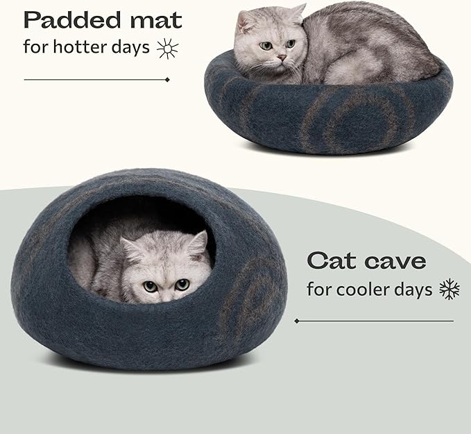 MEOWFIA Cat Cave ??Premium Felt Cat Bed for Indoor Cats, Handmade 100% Merino Wool (Medium, Slate Grey)