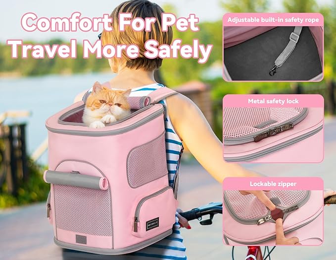 PETSFIT Pet Carrier Backpack with Upgraded Waist Protection, Cat Carrier Backpack Designed for Small Dogs/Cats, Fully Ventilated Collapsible Dog Backpack for Outdoor Traveling Hiking Camping, Pink