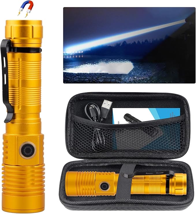 Rechargeable Flashlight High Lumens, High Lumens Super Bright Magnetic Flash Light, 1500 Meter Long-Range Zoomable LED Flashlights for Emergency, Waterproof Flashlight Dimmable, Gold,1PC