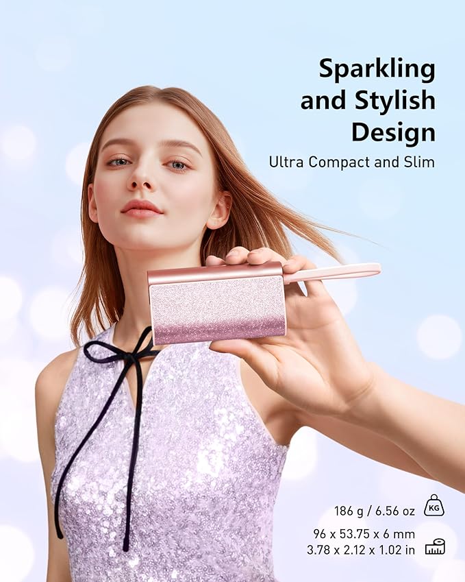 VEGER Compact Portable Charger with Built in Cable(Removable), 10000mAh Cute Power Bank 20W Fast Charging, Sparkling Battery Pack Fashion Travel Accessory Compatible with iPhone 15/14, Android-Pink