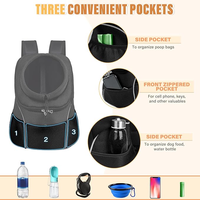 YUDODO Dog Front Carrier Backpack, Adjustable Breathable Pet Carrier for Small Dogs, Ventilated Puppy Back Pack with Safety Belt, Lightweight Doggy Backpack for Hiking Outdoor (Jet Black, M: 4.5-8lbs)