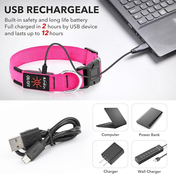 Illumifun Rechargeable LED Dog Collar, Waterproof Light Up Dog Collars Glow in The Dark, Adjustable Safety Collar Light for Dogs Walking Camping (Pink, Medium)