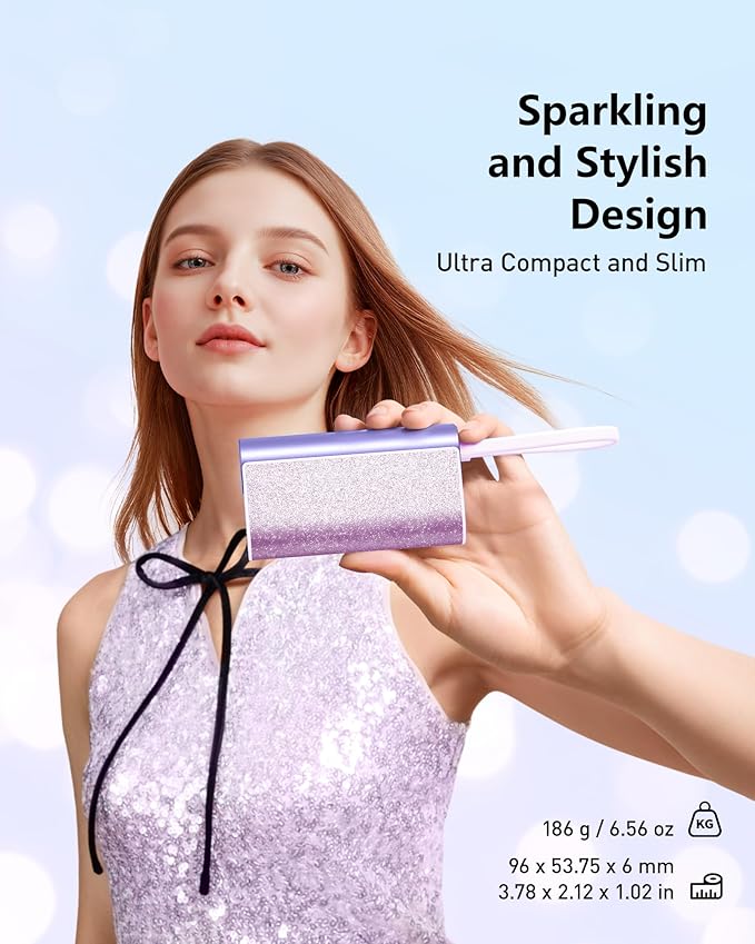 VEGER Compact Portable Charger with Built in Cable(Removable), 10000mAh Cute Power Bank 20W Fast Charging, Sparkling Battery Pack Fashion Travel Accessory Compatible with iPhone 15/14, Android-Purple