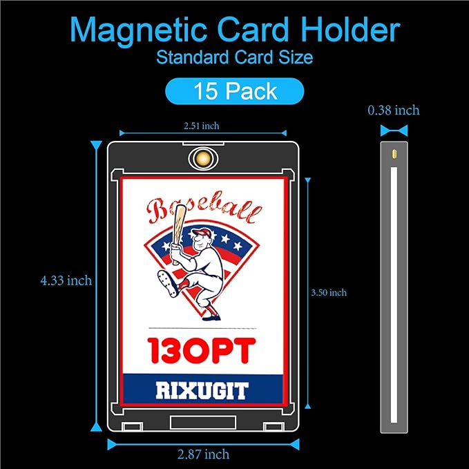 130pt Magnetic Card-Holders for Trading Cards - 15-Pack One Touch Card Case with Stronger Magnet, UV Protection, Card Protectors Hard Plastic, Card Sleeves Display Case for Baseball Card Sports Cards