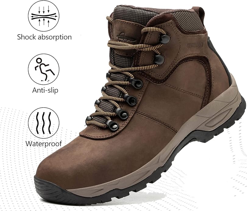 Waterproof Hiking Boots for Men, 6" Comfortable Soft Toe Shoes Mid Non Slip Hiking Shoes Outdoor Travel Shoes Leather Hiking Backpack Boots