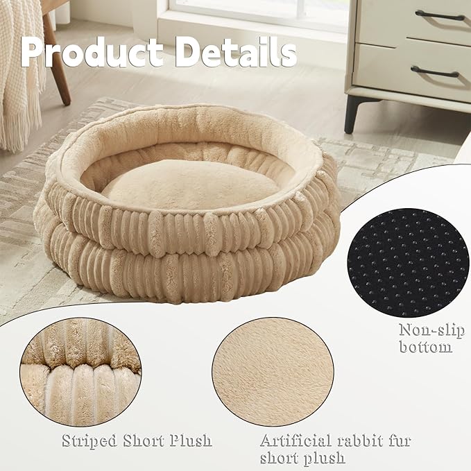 Dog Beds for Small Dogs, Puppy Kennel Bed - Round Cat Beds for Indoor Cats,Comfy Durable Pet Sleeping Bed, Washable Deluxe Plush Kitten Bed & Non-Slip Bottom, Beige 24" L x 24" W x 9" Th