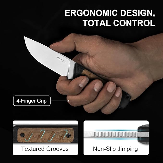 Kizer Smolt Fixed Blade Knife, 2.93" AEB-L Fixed Blade with Black & Brown G10 Mkuruti Wood Handle, Drop Point EDC Knives with Sheath for Camping Hiking 1063M1