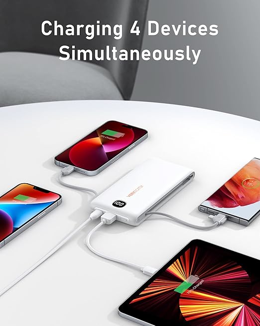 VEEKTOMX Portable Charger with Built in Cables 10000mAh, Power Bank for iPhone with Wall Plug, Travel Essential Fast Charging USB C Slim External Battery Pack for iPhone 17/16/15, Samsung, iPad, etc