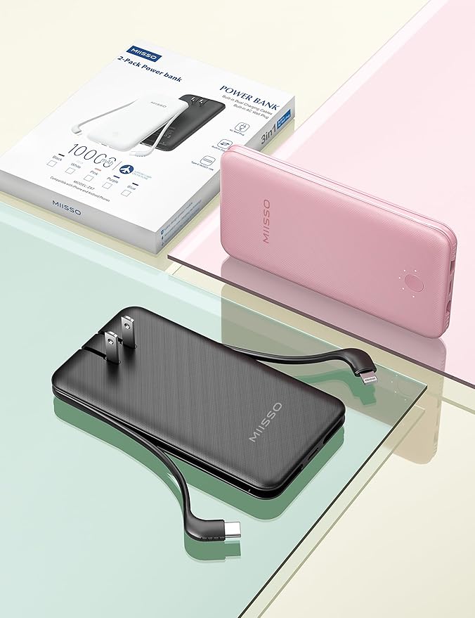 miisso Ultra Slim 10000mAh Power Bank Built-in Cables and Foldable AC Wall Plug, Pocket Size USB C Portable Charger, External Battery Pack Compatible with iPhone Samsung, 2 Pack Black & Pink