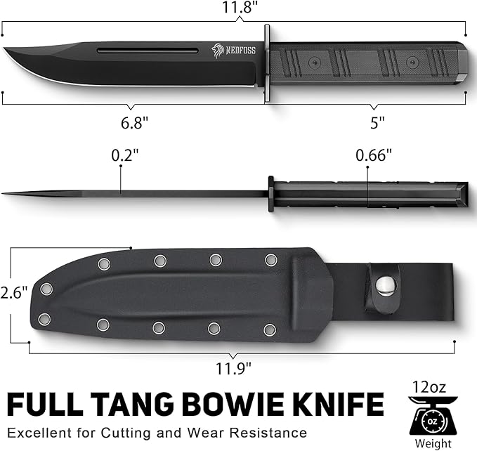 NedFoss BRAVE Fixed Blade Hunting Knife, 6.8" D2 Steel Blade Full Tang Camping Knife with Kydex Sheath, Black G10 Handle, Perfect Outdoor Gifts for Men Women