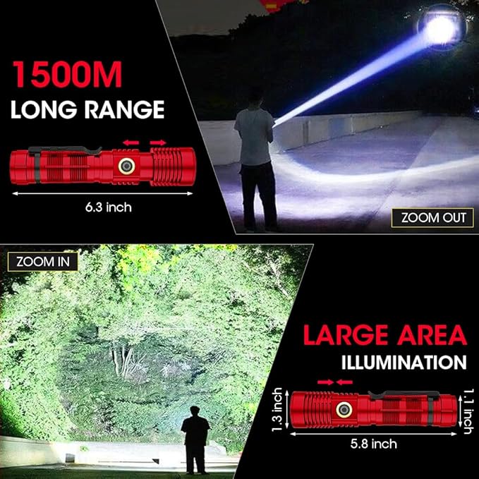 Rechargeable Flashlight High Lumens, High Lumens Super Bright Flash Light, Long-Range Zoomable LED Flashlights for Emergency, EDC, Searching, Waterproof Flashlight Dimmable Red 2Pcs