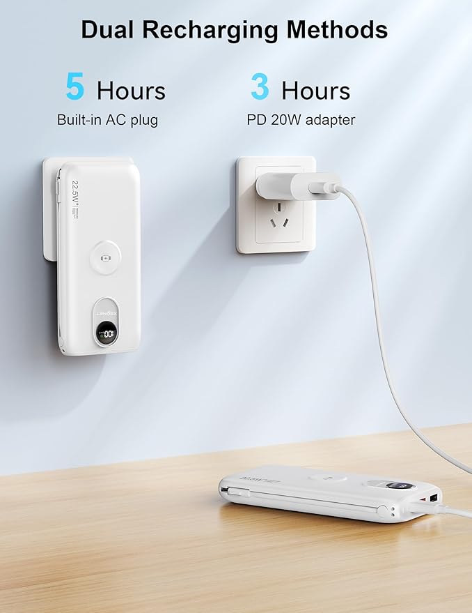 Portable Charger, 10000mAh 22.5W USB C Power Bank Built in Cables, AC Wall Plug and Led Display, External Battery Pack Fast Charging, Travel Essentials for iPhone, Android Cell Phone, Tablet, iWatch