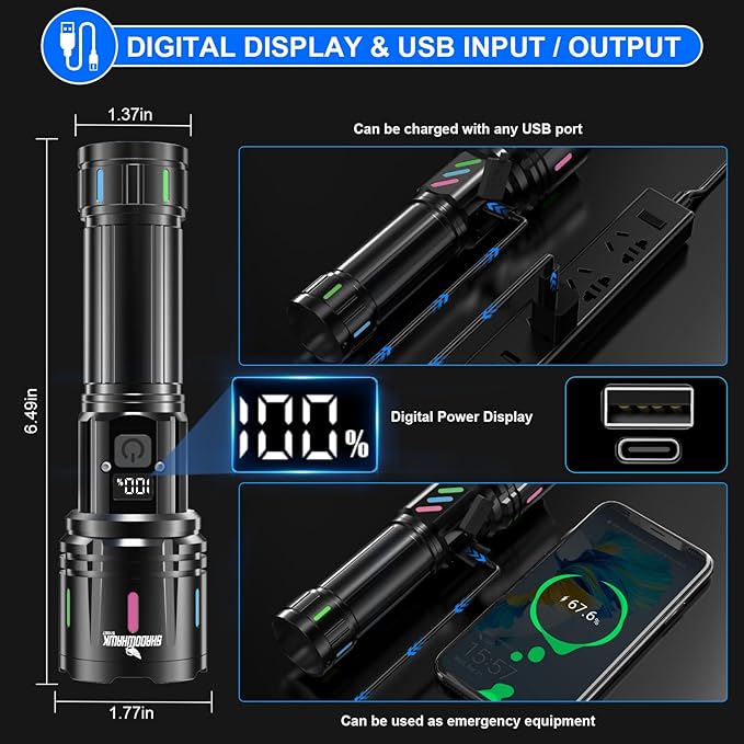 Shadowhawk Flashlights High Lumens Rechargeable - 2000 Lumen 30W Super Bright LED Flash Light with LCD Display, 3937ft Beam & 12H Runtime, Handheld Waterproof Flashlight for Home, Camping, Emergency