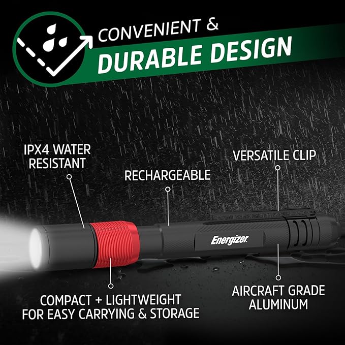 Energizer Rechargeable Penlight, 400 Lumens, IPX4 Water-Resistant, Lightweight Metal Compact Flashlight, Best Indoor and Outdoor Rechargeable Flashlight, Micro-USB Charging Cable