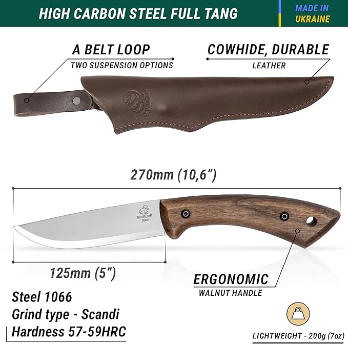 BeaverCraft Bushcraft Knife Full Tang Carbon Steel with Leather Sheath ??Camping Bush Knife Fixed Blade ??Outdoor Bushcraft Knives BSH1 Dune