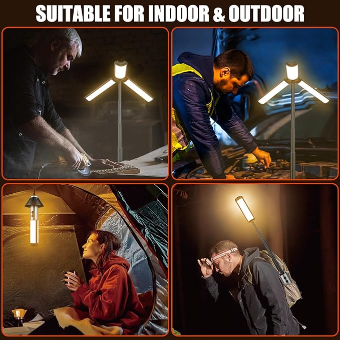 Rechargeable 3000mAh Camping Light with Stand 10w Max Power, Cordless Work Light with 3 LED Lamp Heads, Emergency Flashlight with Detachable Tripod, Black