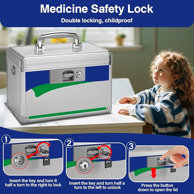 Medicine Lock Box for Safe Medication - 13.4 x 7.6 x 8.2 Inches - Lockable Storage Box for Drugs, First Aid Kit Empty, Lock Boxes with Key for Home/Outdoor (Blue/Large)