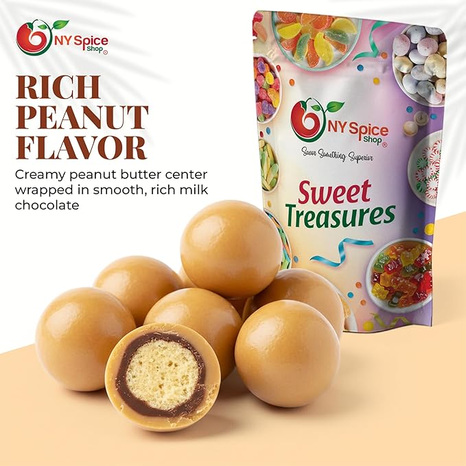 NY Spice Shop Peanut Butter Chocolate Malt Balls Party Decorations - 8 Ounce Malted Milk Ball Candy Birthday Gifts - Chocolate Malted Milk Balls - Dark Chocolate Malt Ball Holiday Snacks
