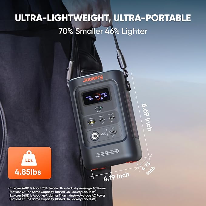 Jackery Explorer 240D Power Bank, 256Wh LiFePO4 Battery Portable Power Station, 200W DC Output, Charging Cable Included,1-Hour Fast Charging, Compact for Outdoor Camping, Travel, Emergencies