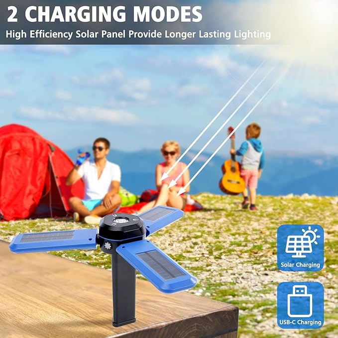 Camping Light Stand with Telescoping Pole - Rechargeable Solar Tent Lamp, Portable Cordless Camping Tent Light with 3 LED Heads, 5 Modes, 82" Tripod