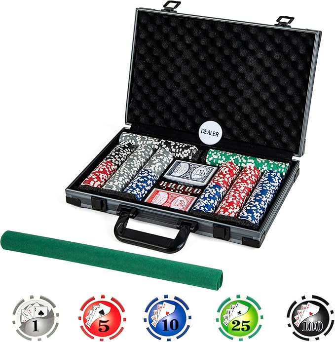 Goplus Poker Chip Set, Casino Poker Chips with 400 PCS Chips, 2 Decks Cards, Dealer Button, Poker Felt, Aluminum Case for Texas Holdem, Casino, Family Night, Blackjack