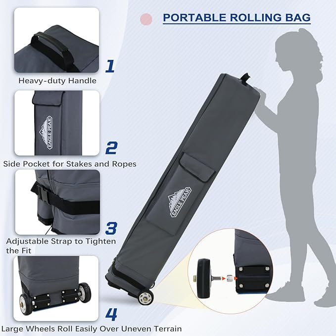 EAGLE PEAK 10x10 Heavy Duty Pop up Commercial Canopy Tent, Instant Marketplace Sun Shelter with Roller Bag and 4 Sandbags, Black