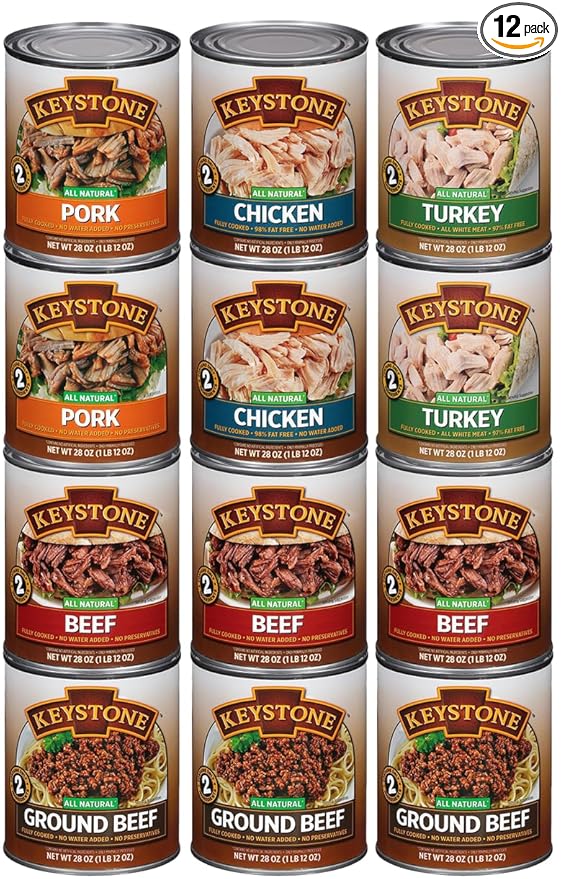 Keystone Meats Variety Pack – 12 Cans of All Natural Fully Cooked Canned Meat (3 Beef, 2 Chicken, 2 Turkey, 2 Pork, 3 Ground Beef) – Shelf-Stable, Ready to Eat – 5-Year Shelf Life – Pantry Staple for Camping, Hiking & Emergency Meals – Made in USA