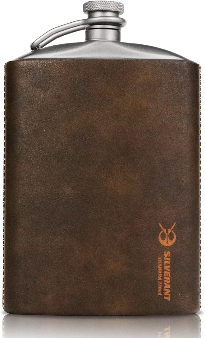 SILVERANT Titanium Hip Flask 248ml/8.73 fl oz, Ultralight Portable Leakproof Pocket Flask Flagon With Screw Cap Clip, Leather Case & Pouring Funnel