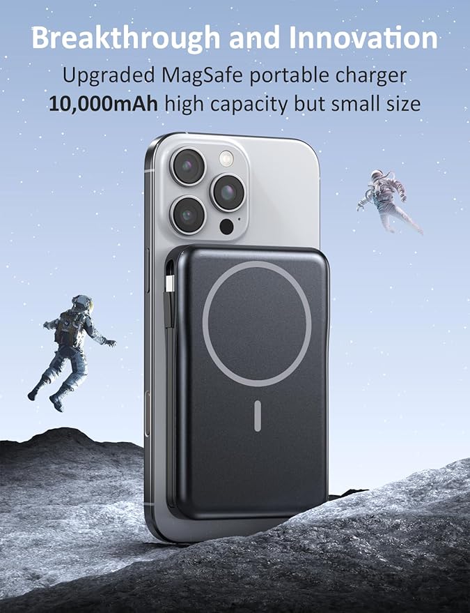 Magnetic Portable Charger, 10000mAh Power Bank, 5 in 1 Portable Charger with Built in Cable, 20W Fast Charging for Magsafe Battery Pack Compatible with iPhone 17/16/15/14/13/12 Pro/Pro Max Series