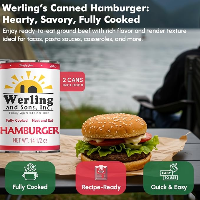 Werling & Sons Canned Meat Variety Pack 14.5 oz – Fully Cooked & Ready to Eat | 2 Hamburger, 2 Chicken, 2 Beef | Shelf-Stable Emergency Canned Food for Pantry Staples, Long-Term Storage, Camping & Quick Meals | Pack of 6