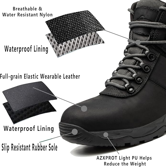 Waterproof Hiking Boots for Men, 6" Comfortable Soft Toe Shoes Mid Non Slip Hiking Shoes Outdoor Travel Shoes Leather Hiking Backpack Boots