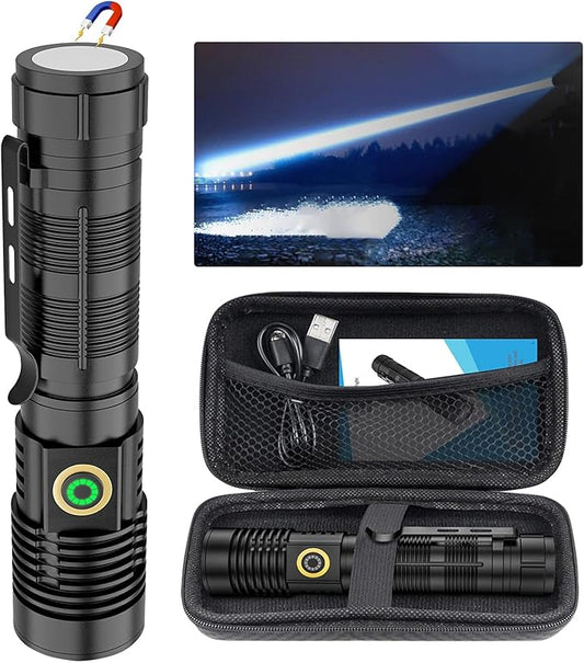 Rechargeable Flashlight High Lumens, High Lumens Super Bright Magnetic Flash Light, Long-Range Zoomable LED Flashlights for Emergency, Searching, Waterproof Flashlight Dimmable