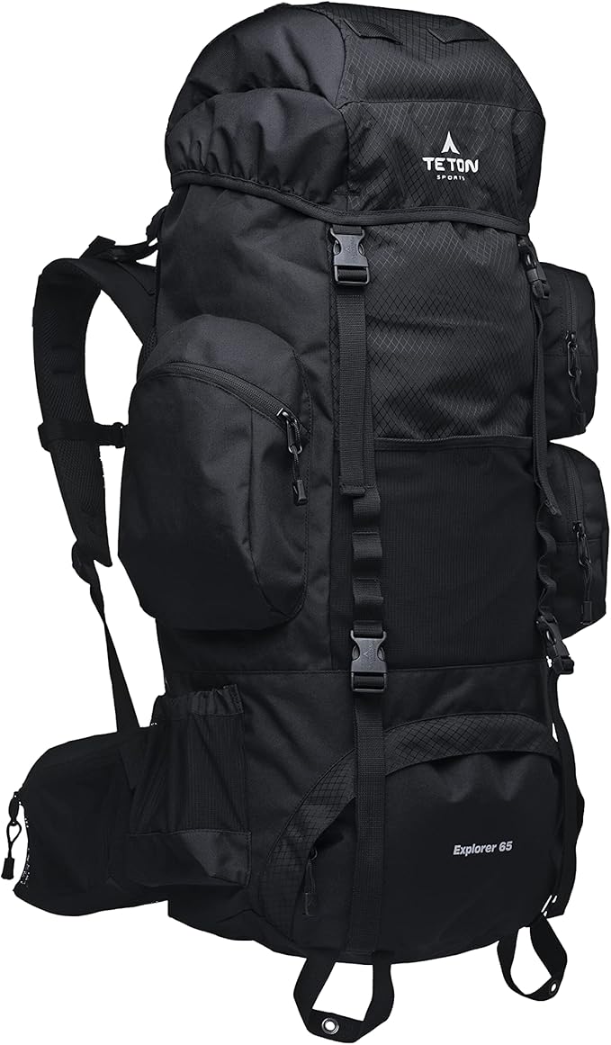 Teton 65L Explorer Internal Frame Backpack for Hiking, Camping, Backpacking, Rain Cover Included, Black