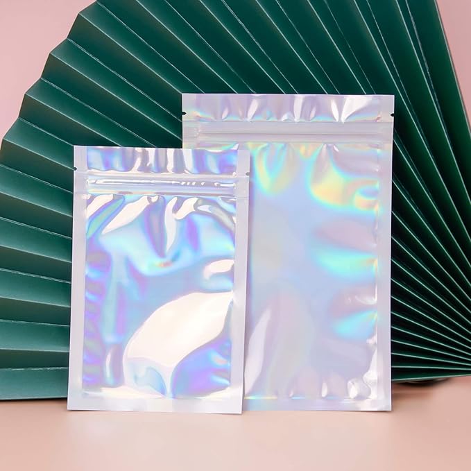 100 Pieces Resealable Smell Proof Bags - Foil Pouch Bags, Flat Clear Food Storage Plastic Packaging Foil Mylar Bags for Party Favor Food Storage (Holographic Color, 7x9 Inch)