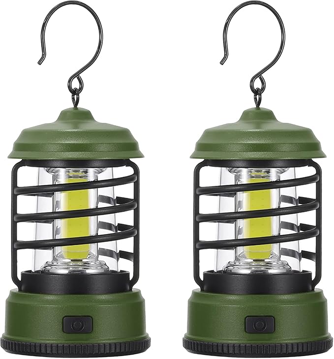 PATIKIL LED Camping Lantern, 2 Pack Vintage Lantern 2 Light Modes Portable Battery Powered Hanging Outdoor Tent Light for Camping, Hiking, Fishing, Dark Green 5.91 Inch