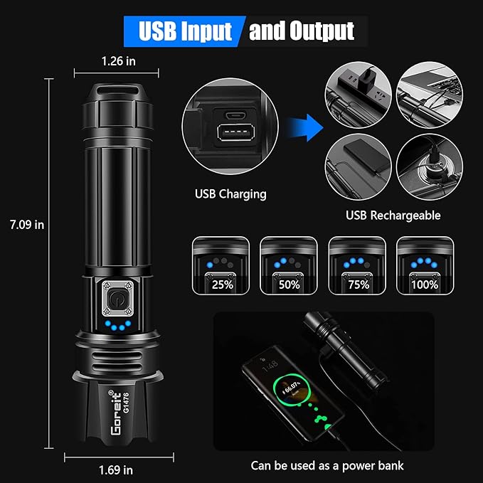 Goreit Flashlight High Lumens Rechargeable, 2000 Lumen Led Flashlights XHP70.2 USB Super Bright Flash Light Battery Powered, Powerful Handheld Flashlights for Emergencies Camping, IP67 Waterproof