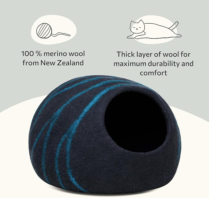 MEOWFIA Cat Cave ??Premium Felt Cat Bed for Indoor Cats, Handmade 100% Merino Wool (Large, Black Aqua)