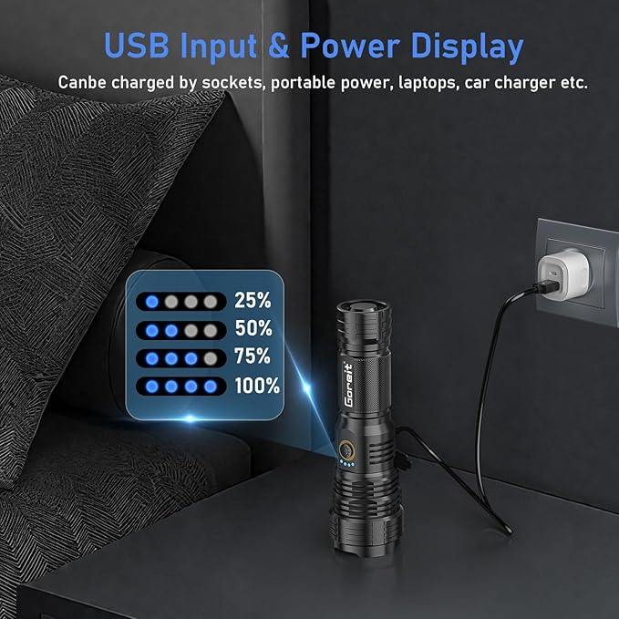 Goreit Flashlights LED High Lumens Rechargeable, 2000 Lumens XHP70.2 Super Bright Flashlight, Flash Light Battery Powered, Powerful Handheld Flashlight with Holster for Emergency Camping Hiking Gift