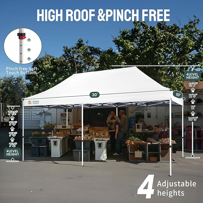 CROWN SHADES 10x20 Pop Up Canopy Tent - Commercial Canopy Tent with 400D Strength Oxford Fabric, Hexagonal Leg, 4 Upgraded Weights - Great for Trade Shows, Events, Parties & Commercial Use, White