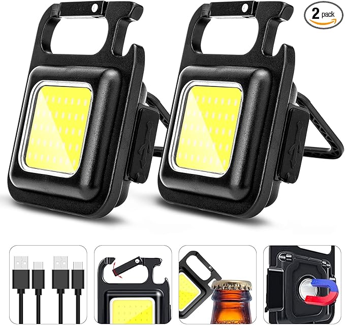 MAKDAK COB Rechargeable Keychain Flashlight 2Pack, High Lumen Super Bright LED Work Light with Magnet,Clip,Bottle Opener for Dog Walking,Car Repair, Emergency,Camping,EDC