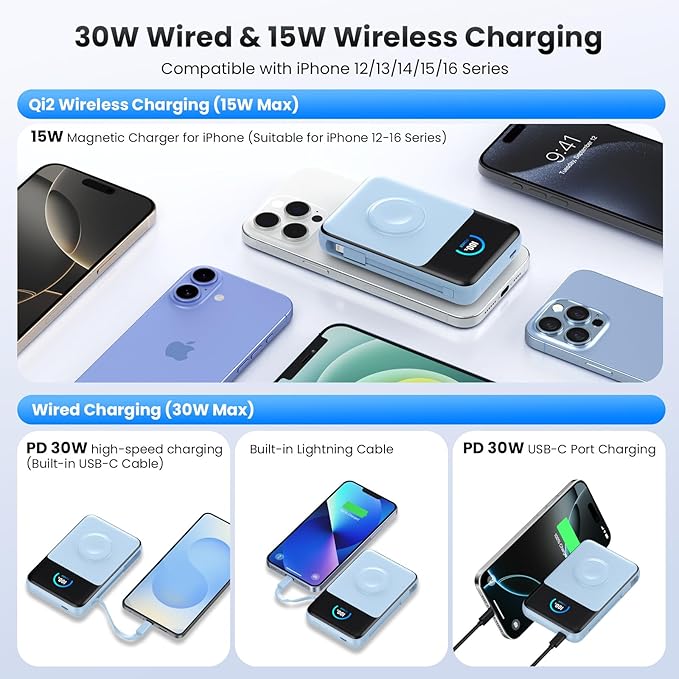 Magnetic Portable Charger 10800mAh with Built-in Cables,5-in-1 Qi2 Certified 15W Wireless Power Bank with iWatch Charger,30W PD Fast Charging USB-C Battery Pack for iPhone 17/16/15/14/13/12-Light Blue
