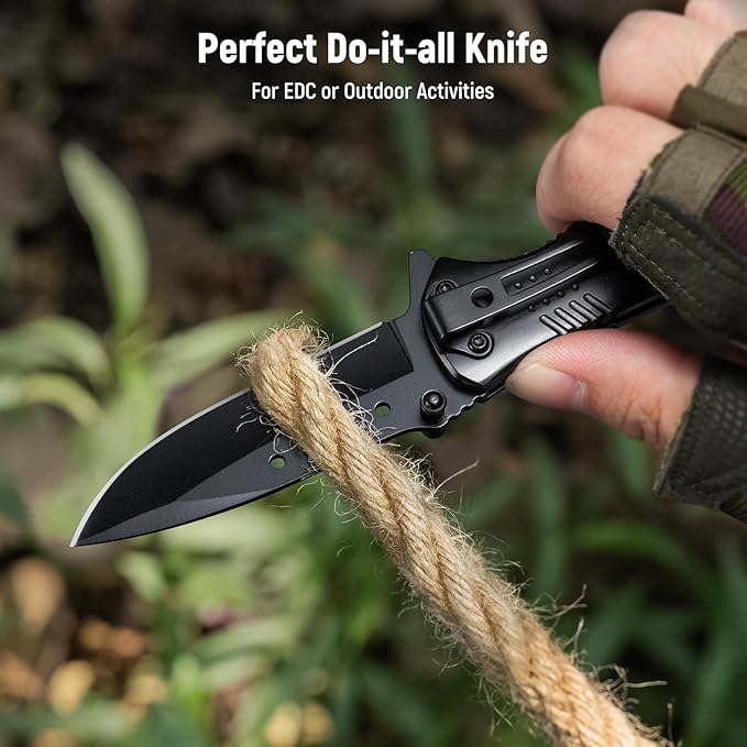 Pocket Knife for Men - 2.98" Sharp Blade Wood Handle Pocket Folding Knives with Clip, Glass Breaker - Small EDC Knives for Survival Camping Hunting Fishing Hiking Women, Black