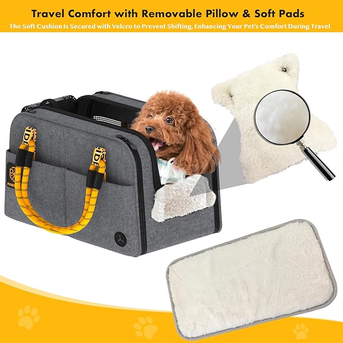 PAWZIDEA Center Console Dog Car Seat, Enclosed Secure Armrest Booster Seat for Small Dogs & Cats up 12lbs, Soft-Sided Travel Pet Carrier Safety Straps, Removable Pillow, Storage Pocket, Shoulder Strap