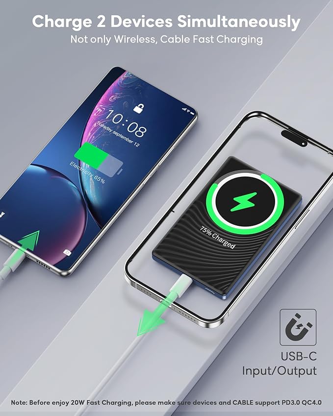 for Magsafe Battery Pack, Ultra Slim Wireless Portable Charger 5000mAh, 20W PD Magnetic Power Bank Fast Charging USB C in&Out Powerbank for iPhone 16/15/14/13/12 Mini Plus Pro Max,Blue